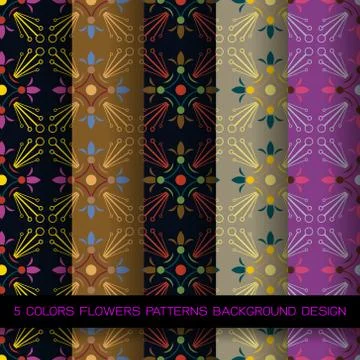 Set of 5 colors patterns with flowers and abstract decorative elements design Stock Illustration
