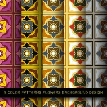 Set of 5 colors patterns with flowers and abstract decorative elements design Stock Illustration