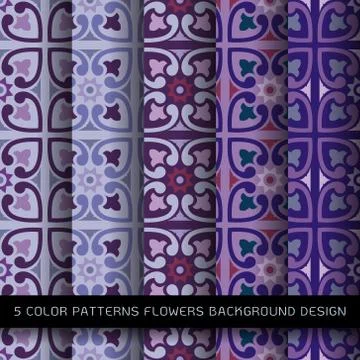 Set of 5 colors patterns with flowers and abstract decorative elements design Stock Illustration