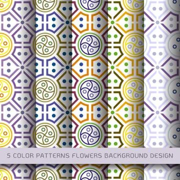 Set of 5 colors patterns with flowers and abstract decorative elements design Stock Illustration