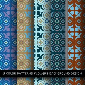 Set of 5 colors patterns with flowers and abstract decorative elements design Stock Illustration