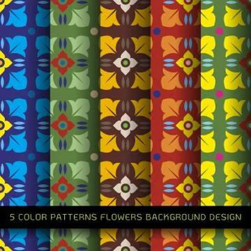 Set of 5 colors patterns with flowers and abstract decorative elements design Stock Illustration