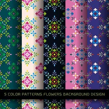 Set of 5 colors patterns with flowers and abstract decorative elements design Stock Illustration