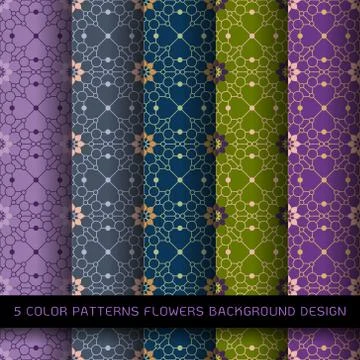 Set of 5 colors patterns with flowers and abstract decorative elements design Stock Illustration