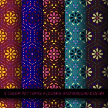 Set of 5 colors patterns with flowers and abstract decorative elements design Stock Illustration