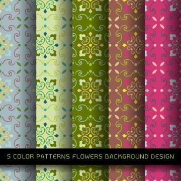Set of 5 colors patterns with flowers and abstract decorative elements design Stock Illustration