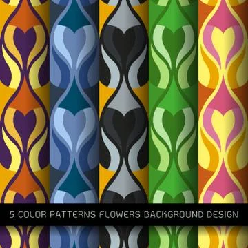Set of 5 colors patterns with flowers and abstract decorative elements design Stock Illustration