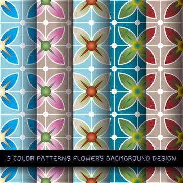 Set of 5 colors patterns with flowers and abstract decorative elements design Stock Illustration
