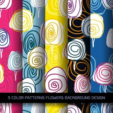Set of 5 colors patterns with flowers and abstract decorative elements design Stock Illustration