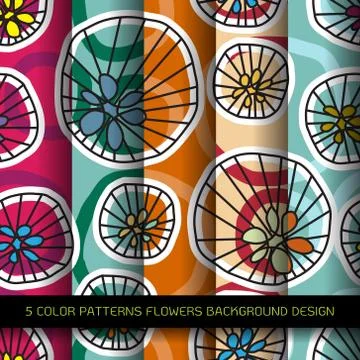 Set of 5 colors patterns with flowers and abstract decorative elements design Stock Illustration