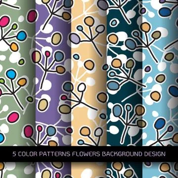 Set of 5 colors patterns with flowers and abstract decorative elements design Stock Illustration