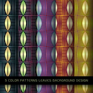 Set of 5 colors patterns with leaves and abstract decorative elements design Stock Illustration