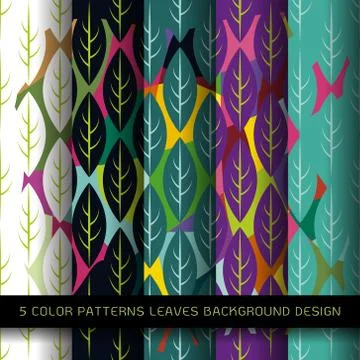 Set of 5 colors patterns with leaves and abstract decorative elements design Stock Illustration