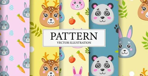 Set of 5 different animal face patterns - Vector Stock Illustration