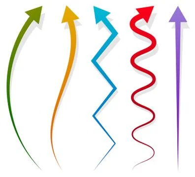 Set of 5 different long, vertical arrow elements with shadow Illustrazione stock
