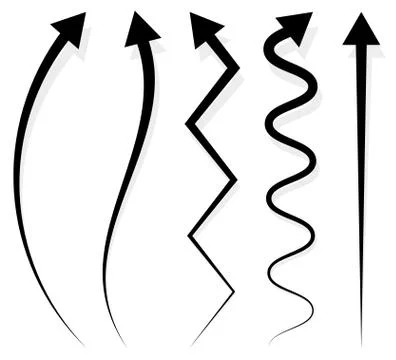 Set of 5 different long, vertical arrow elements with shadow Stock Illustration