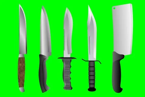 Set of 5 Different Types of Knives on Chroma Key Green Screen Background Stock Photos