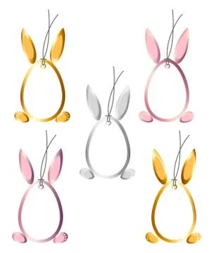 Set 5 Easter Hangtags Eggs Bunny Ears Feet Frame Gold, Silver, Rose Color on Illustrazione stock