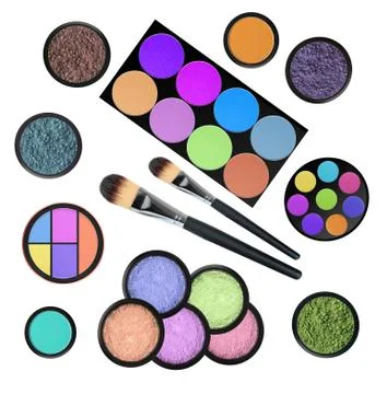 Set of 5 eyeshadows and brushes isolated on white background Fotos Stock