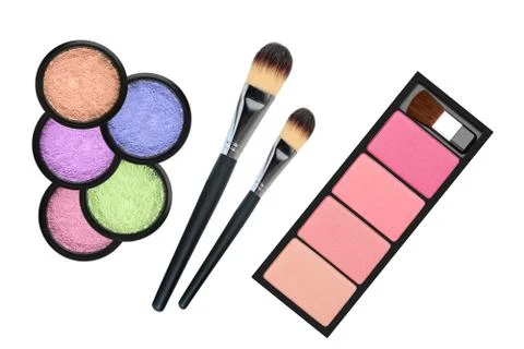 Set of 5 eyeshadows and brushes isolated on white background Stock Photos