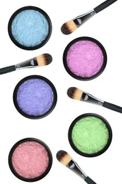 Set of 5 eyeshadows and brushes isolated on white background Stock Photos
