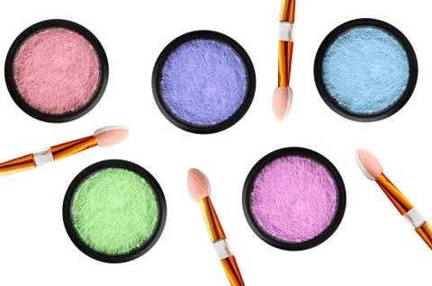 Set of 5 eyeshadows and brushes isolated on white background Stock Photos