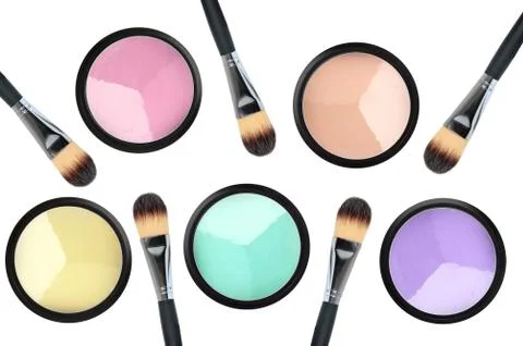 Set of 5 eyeshadows and brushes isolated on white background Stock Photos