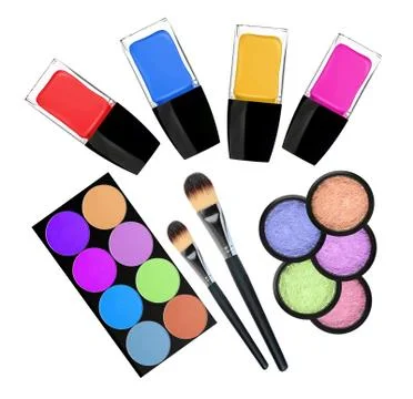 Set of 5 eyeshadows, brushes and nailpolishes isolated on white Foto stock