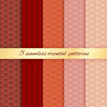 Set of 5 oriental seamless patterns. Traditional Japanese or Chinese geometri Stock Illustration