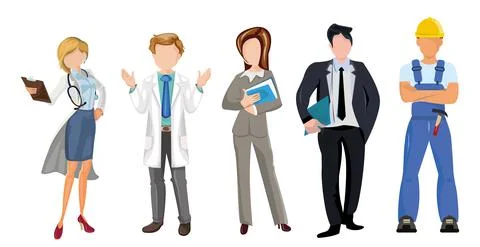 Set of 5 pcs people of different professions on a white background - Vector Illustrazione stock