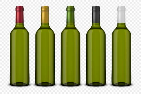 Set 5 realistic vector green bottles of wine without labels isolated on Illustrazione stock