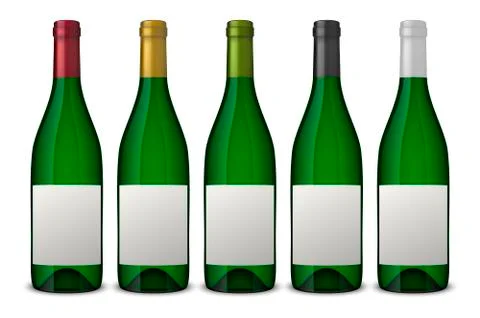 Set 5 realistic vector green bottles of wine with white labels isolated on white Stock Illustration