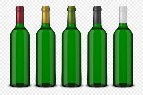 Set 5 realistic vector green bottles of wine without labels isolated on trans Stock Illustration