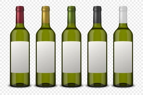 Set 5 realistic vector green bottles of wine with white labels isolated on tr Stock Illustration