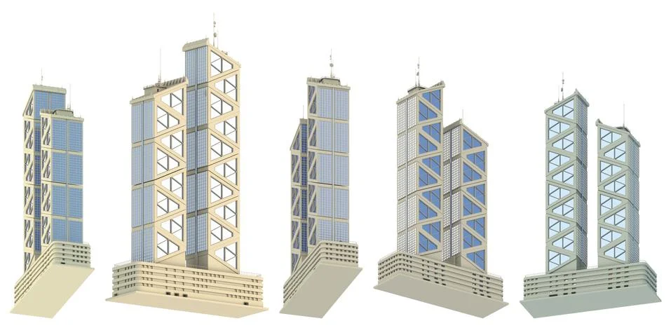 Set of 5 renders of high tech tall buildings with two towers Stock Illustration
