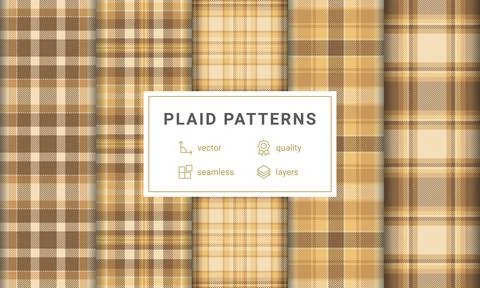 Set of 5 seamless beige and brown plaid patterns. High-quality vector graphic Stock Illustration