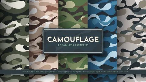 Set 5 Seamless Camouflage Patterns. War Illustration. Traditional Military Stock Illustration