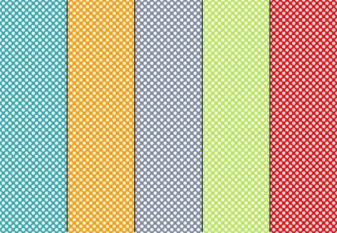 Set of 5 seamless polka dot patterns in blue, orange, grey, green and red Stock Illustration