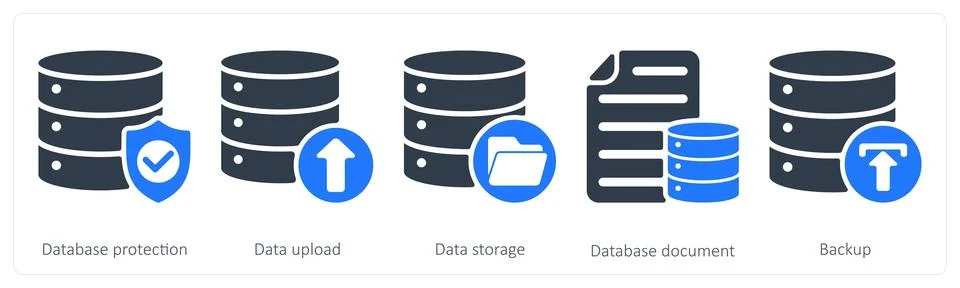 A set of 5 seo icons as database protection, data upload イラスト素材