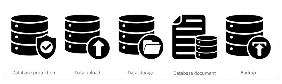 A set of 5 seo icons as database protection, data upload イラスト素材