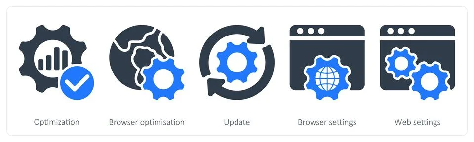 A set of 5 seo icons as optimization, browser optimization Stock Illustration