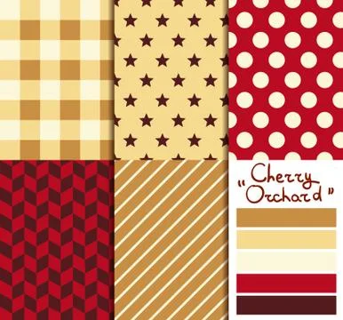 Set of 5 simple seamless geometric patterns. Cherry orchard color palette 스톡 일러스트