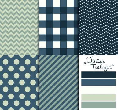 Set of 5 simple seamless geometric patterns. Winter twilight color palette Stock Illustration