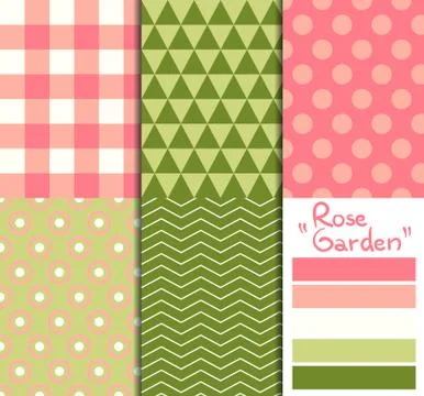Set of 5 simple seamless geometric patterns. Rose garden color palette Stock Illustration