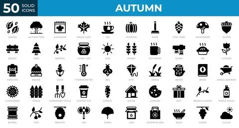 Set of 50 Autumn icons in solid style. Leaves, berries, sweater. Solid icon.. Stock Illustration