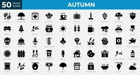 Set of 50 Autumn icons in solid style. Leaves, berries, sweater. Solid icon.. Stock Illustration