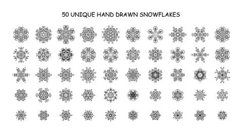 Set of 50 different hand-drawn snowflakes. Vector illustrator 스톡 일러스트