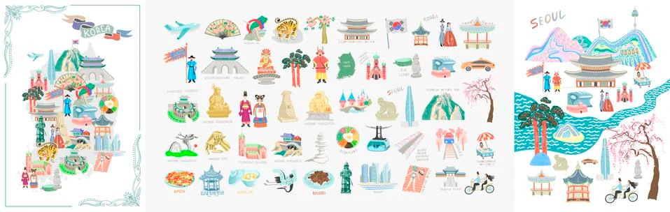 Set of 50 doodle vector illustration - sights of South Korea travel collection Ilustración de archivo