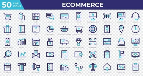 Set of 50 Ecommerce web icons in colored line style. Credit card, profit, i.. Stock Illustration