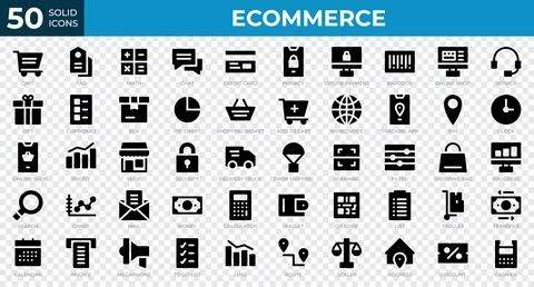 Set of 50 Ecommerce web icons in solid style. Credit card, cart, invoice. S.. Stock Illustration